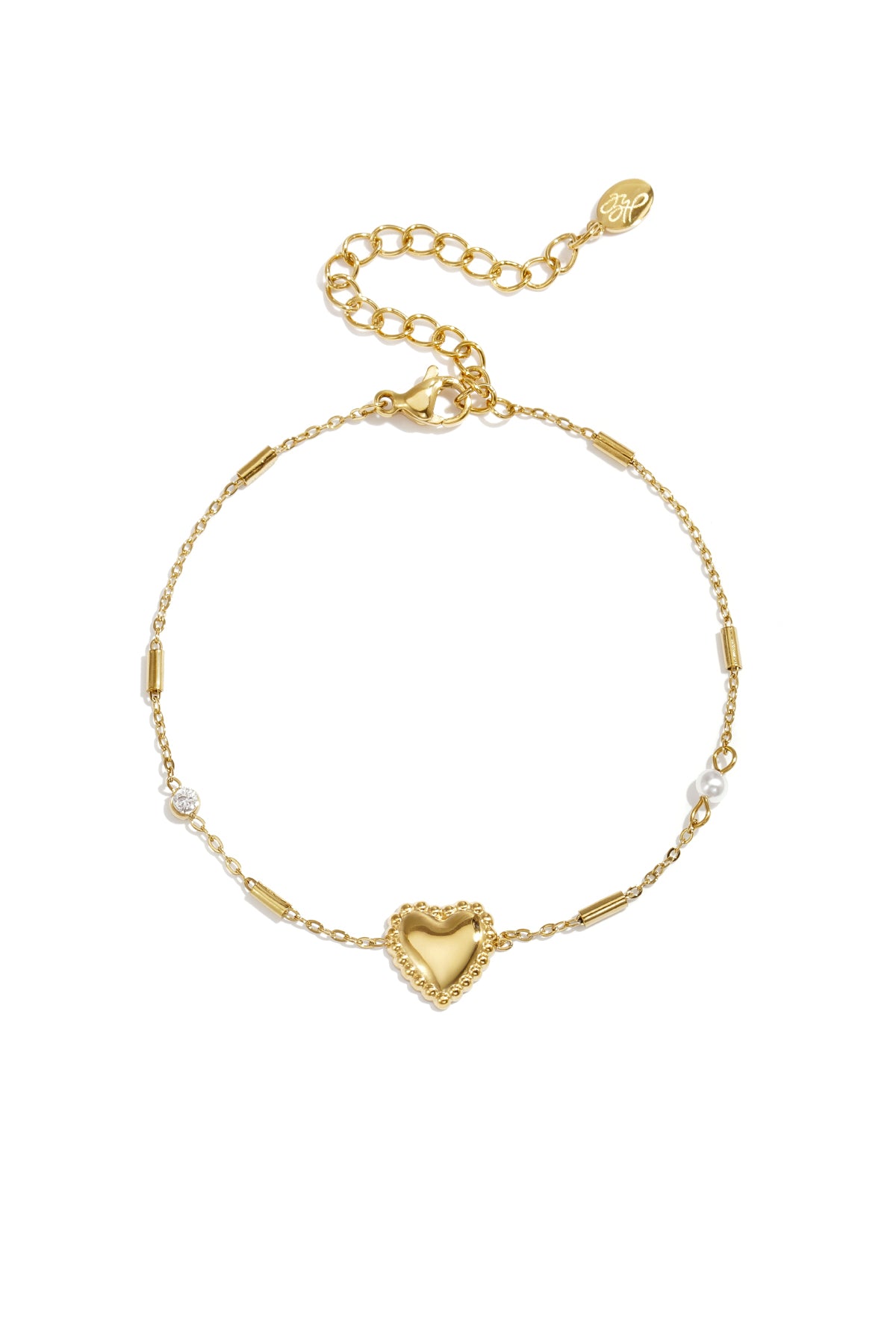 Pulsera con perla, piedra y corazón llamativo
