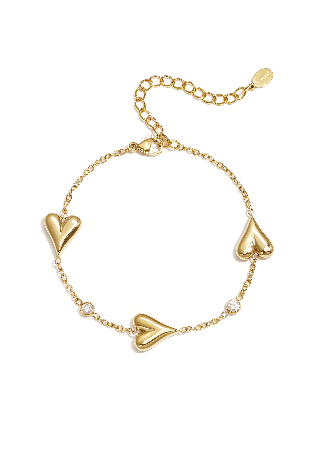 Pulsera con tres corazones macizos y piedras