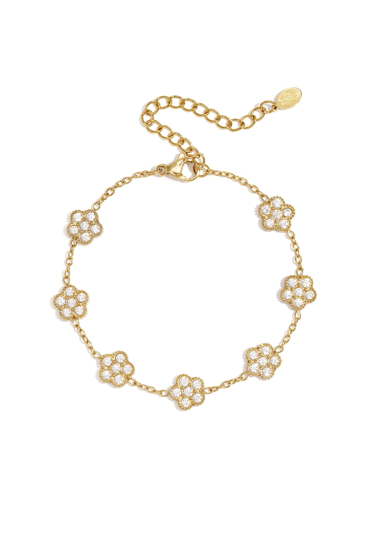 Elegante pulsera con flores engastadas con circonitas.
